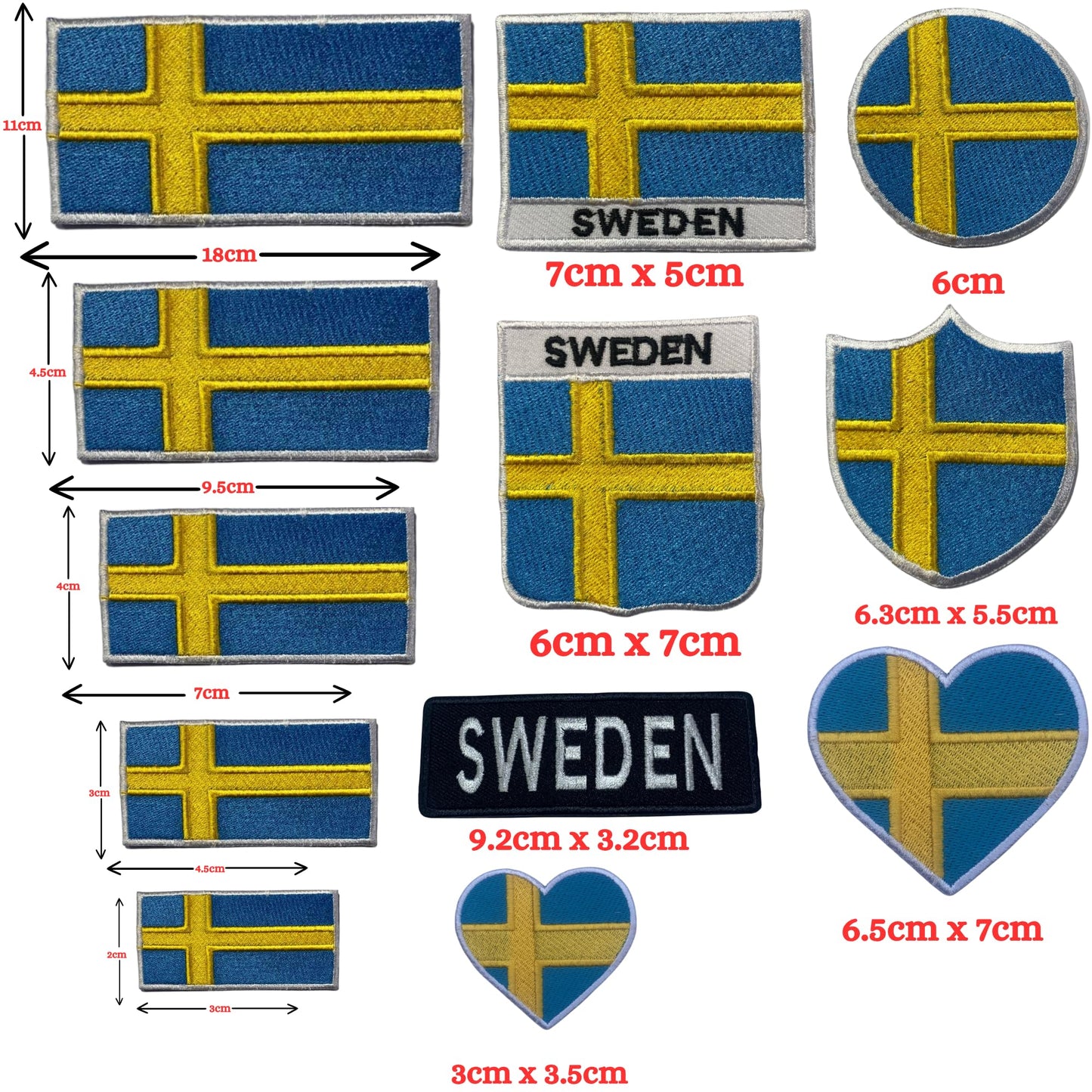 BeBuz Sweden Flag Embroidered Patches, Iron-On/Sew-On Applique, Shield, Round, Heart and Rectangle Flag Badges for Jackets, Bags, Uniforms, Various Sizes