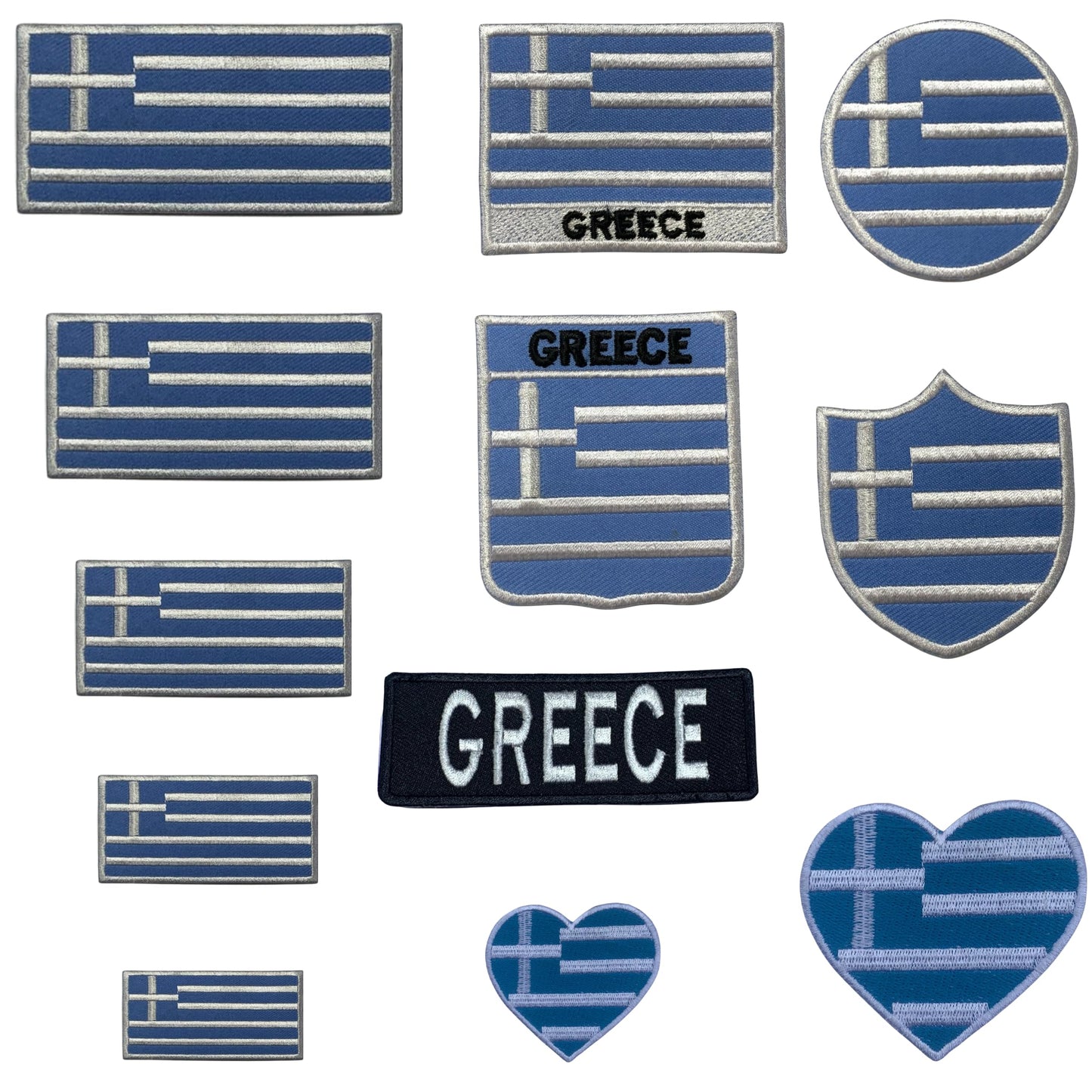 Greece Flag Embroidered Patch Set, Iron-On or Sew-On Applique Badges, Rectangle Shield Round Heart Shapes, for Jackets, Backpacks, Hats, Uniforms and Various Sizes
