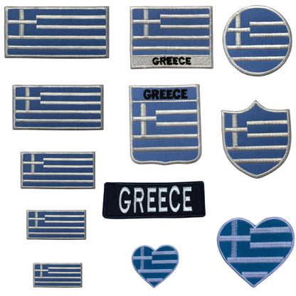 Greece Flag Embroidered Patch Set, Iron-On or Sew-On Applique Badges, Rectangle Shield Round Heart Shapes, for Jackets, Backpacks, Hats, Uniforms and Various Sizes