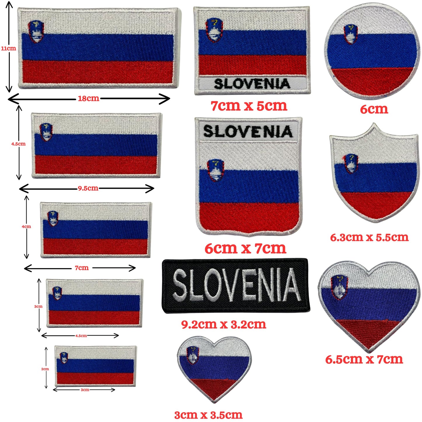 Slovenia Flag Embroidered Patch Set, Iron-On or Sew-On Applique Badges, Rectangle Shield Round Heart Shapes, for Jackets, Backpacks, Hats, Uniforms and Various Sizes