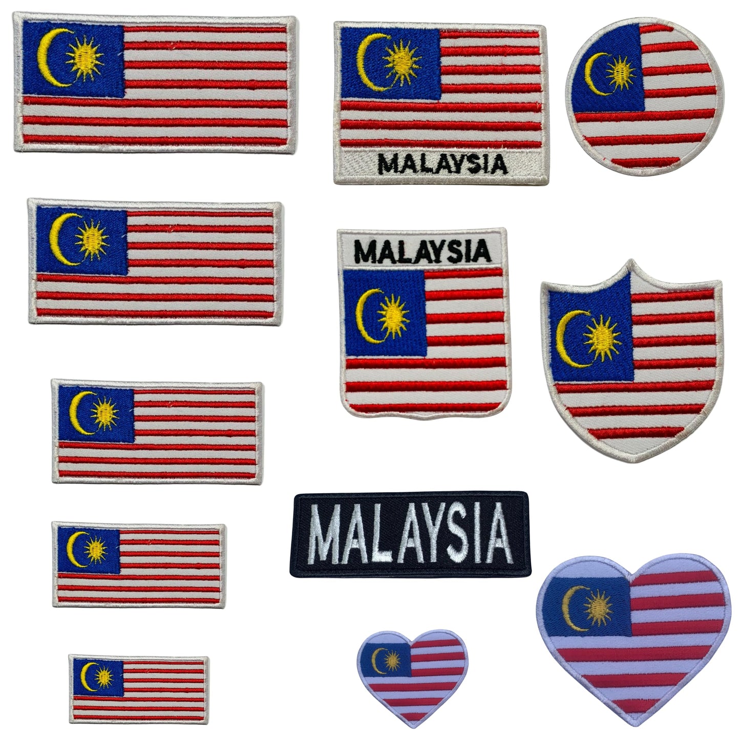 Malaysia Flag Embroidered Patch Set, Iron-On or Sew-On Applique Badges, Rectangle Shield Round Heart Shapes, for Jackets, Backpacks, Hats, Uniforms and Various Sizes