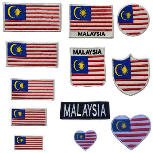 Malaysia Flag Embroidered Patch Set, Iron-On or Sew-On Applique Badges, Rectangle Shield Round Heart Shapes, for Jackets, Backpacks, Hats, Uniforms and Various Sizes