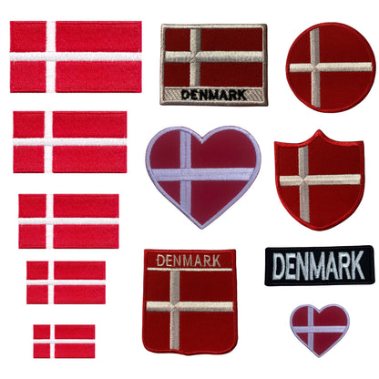 BeBuz Denmark Flag Embroidered Patches, Iron-On/Sew-On Applique, Shield, Round, Heart and Rectangle Flag Badges for Jackets, Bags, Uniforms, Various Sizes