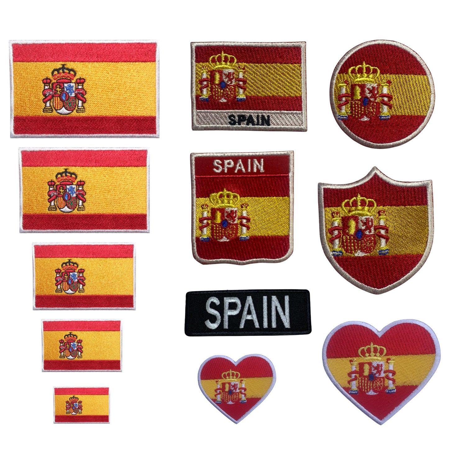BeBuz Spain Flag Embroidered Patches, Iron-On/Sew-On Applique, Shield, Round, Heart and Rectangle Flag Badges for Jackets, Bags, Uniforms, Various Sizes