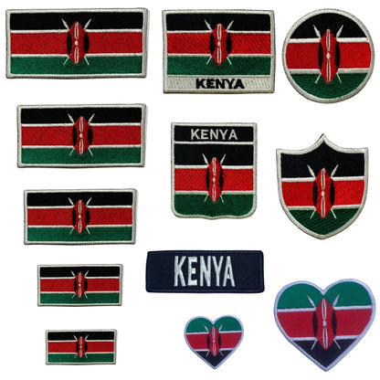 Kenya Flag Embroidered Patch Set, Iron-On or Sew-On Applique Badges, Rectangle Shield Round Heart Shapes, for Jackets, Backpacks, Hats, Uniforms and Various Sizes