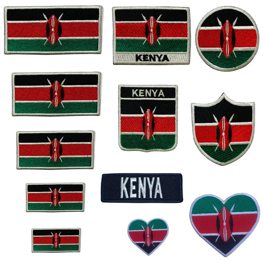 Kenya Flag Embroidered Patch Set, Iron-On or Sew-On Applique Badges, Rectangle Shield Round Heart Shapes, for Jackets, Backpacks, Hats, Uniforms and Various Sizes