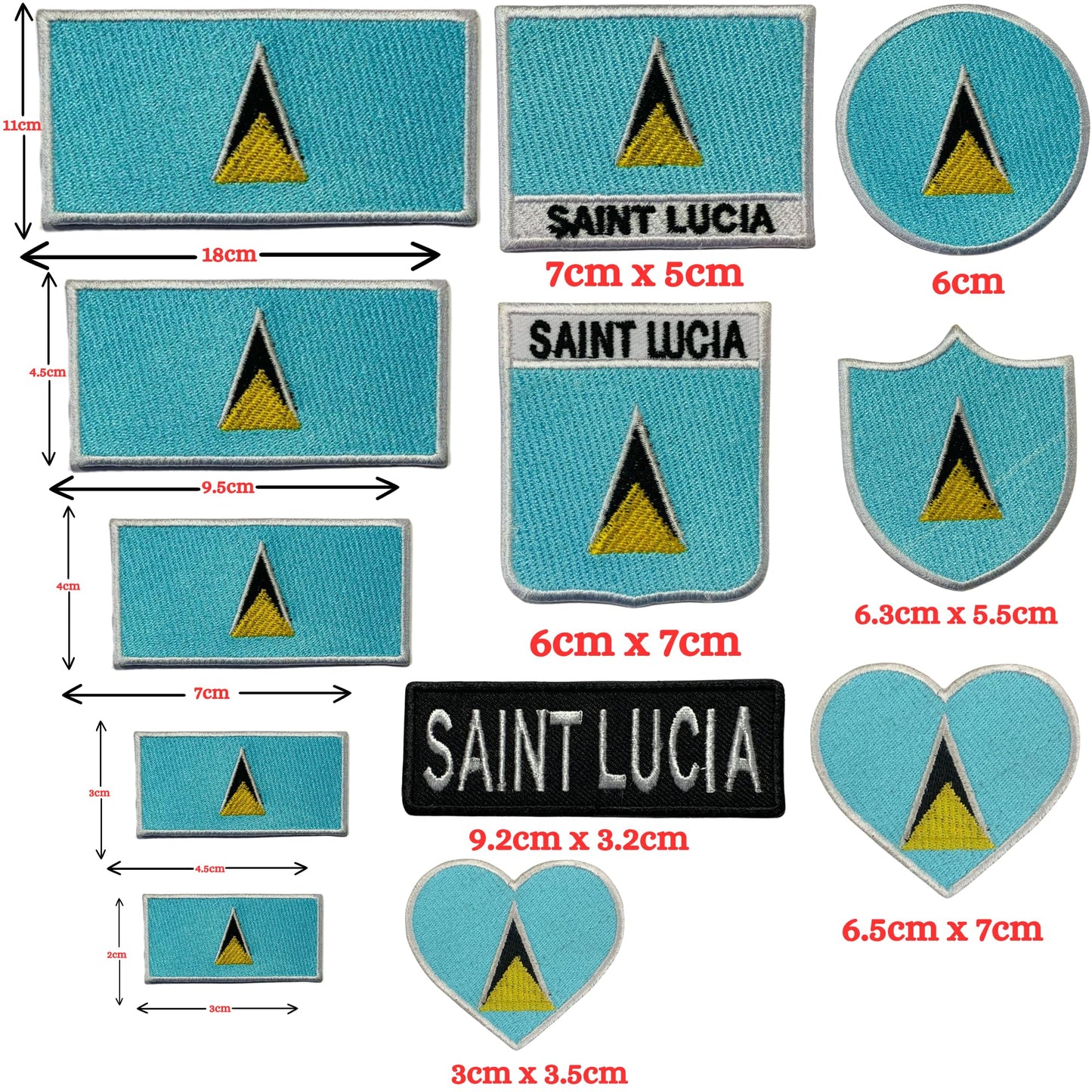 Saint Lucia Flag Embroidered Patch Set, Iron-On or Sew-On Applique Badges, Rectangle Shield Round Heart Shapes, for Jackets, Backpacks, Hats, Uniforms and Various Sizes