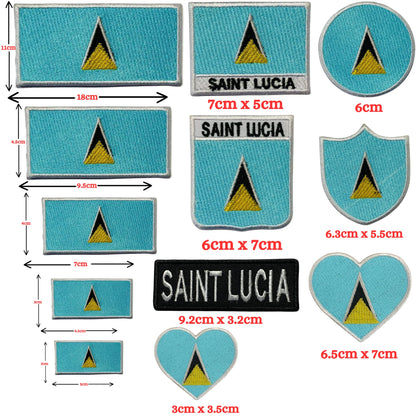 Saint Lucia Flag Embroidered Patch Set, Iron-On or Sew-On Applique Badges, Rectangle Shield Round Heart Shapes, for Jackets, Backpacks, Hats, Uniforms and Various Sizes