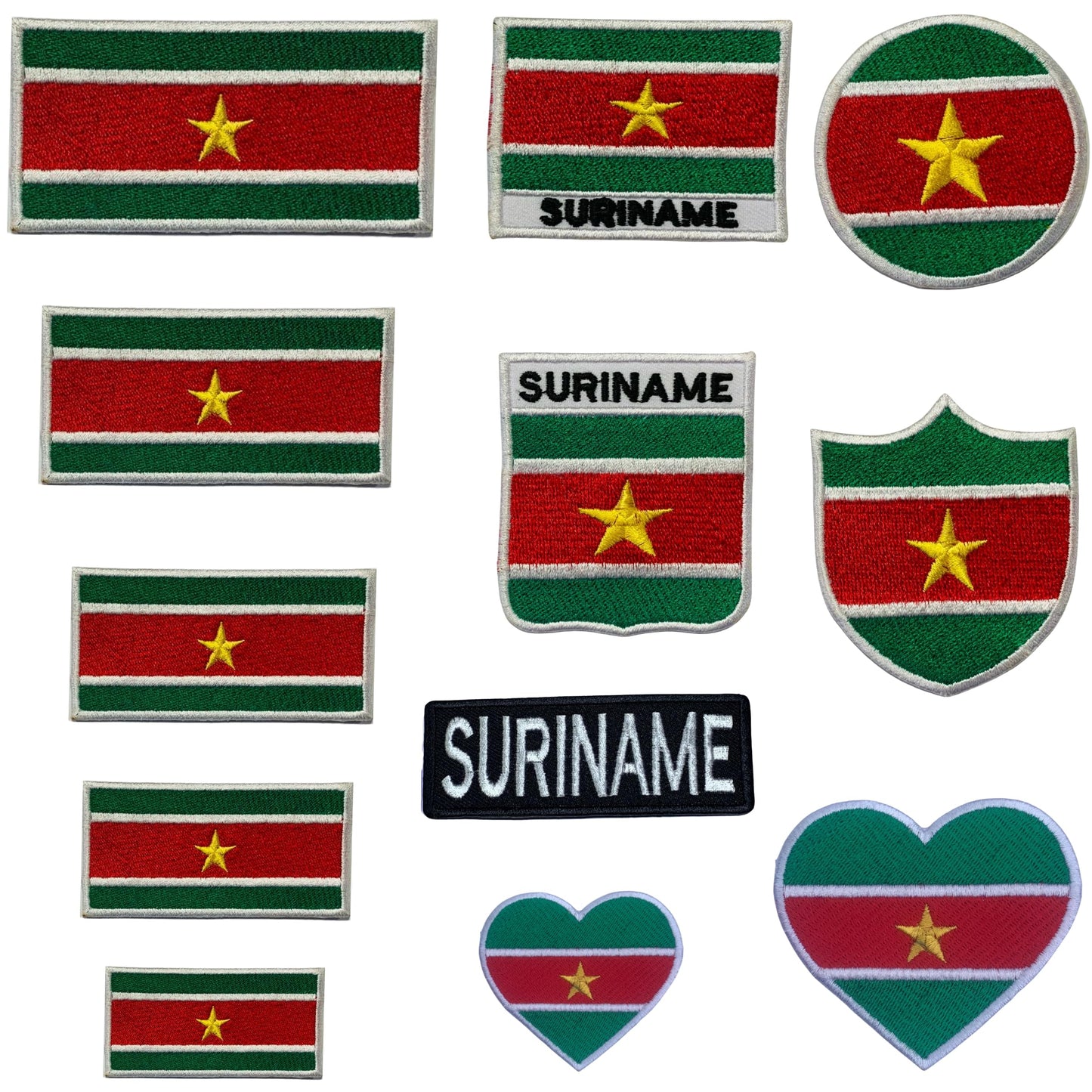 Suriname Flag Embroidered Patch Set, Iron-On or Sew-On Applique Badges, Rectangle Shield Round Heart Shapes, for Jackets, Backpacks, Hats, Uniforms and Various Sizes