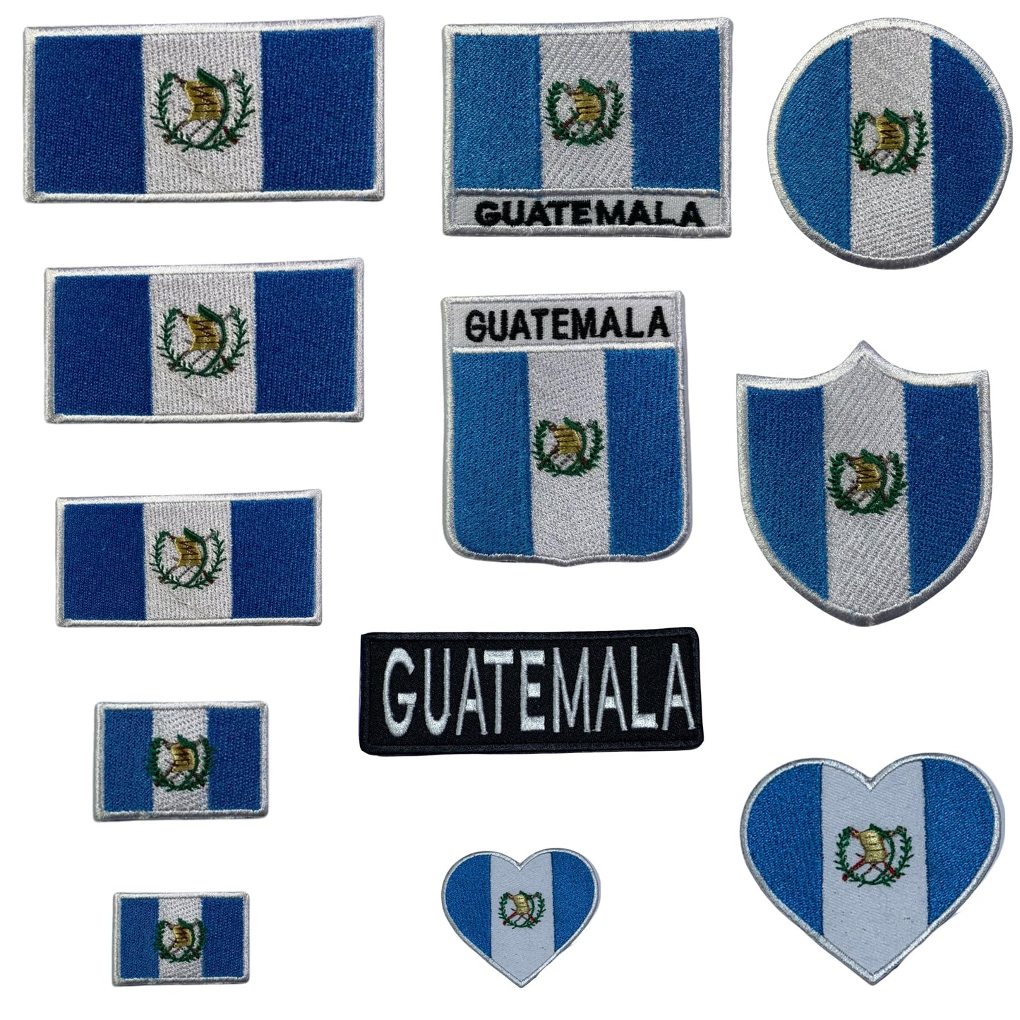 Guatemala Flag Embroidered Patch Set, Iron-On or Sew-On Applique Badges, Rectangle Shield Round Heart Shapes, for Jackets, Backpacks, Hats, Uniforms and Various Sizes