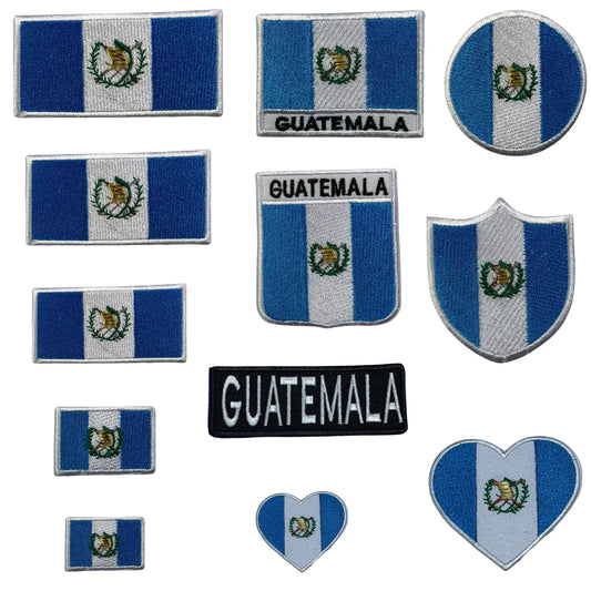 Guatemala Flag Embroidered Patch Set, Iron-On or Sew-On Applique Badges, Rectangle Shield Round Heart Shapes, for Jackets, Backpacks, Hats, Uniforms and Various Sizes
