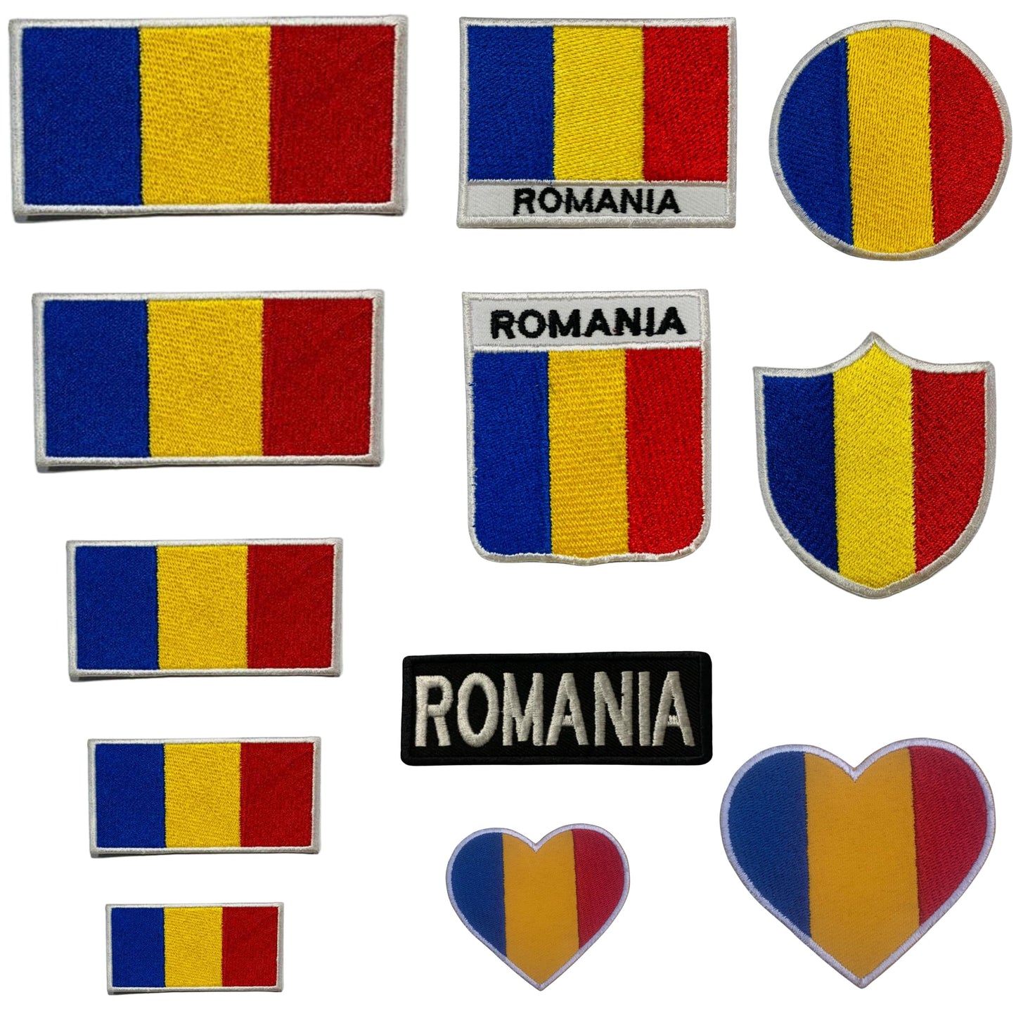 Romania Flag Embroidered Patch Set, Iron-On or Sew-On Applique Badges, Rectangle Shield Round Heart Shapes, for Jackets, Backpacks, Hats, Uniforms and Various Sizes