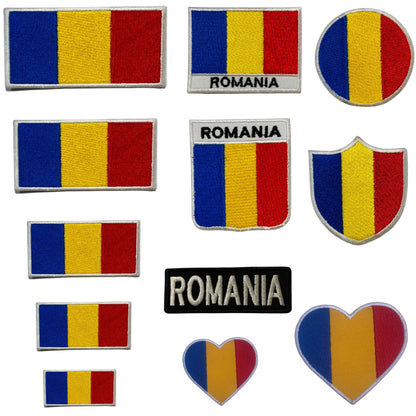 Romania Flag Embroidered Patch Set, Iron-On or Sew-On Applique Badges, Rectangle Shield Round Heart Shapes, for Jackets, Backpacks, Hats, Uniforms and Various Sizes