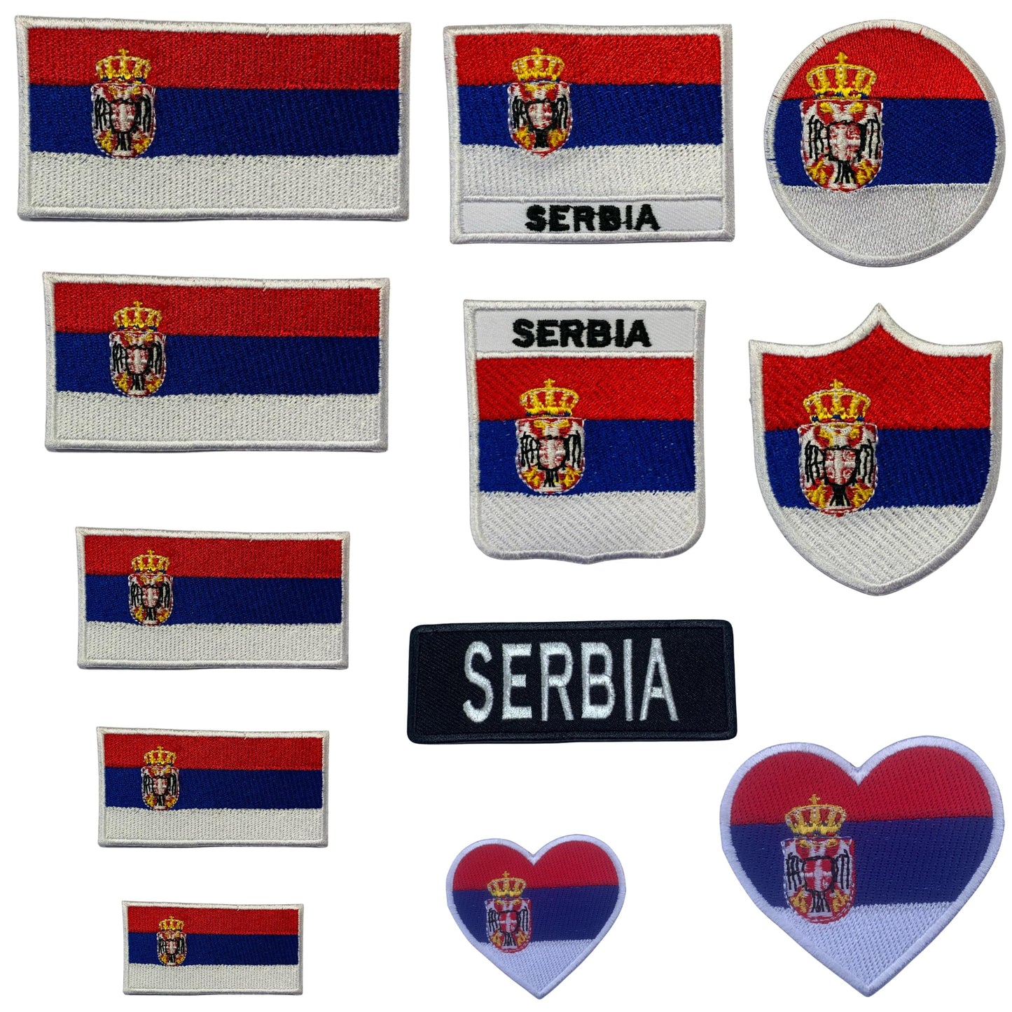 Serbia Flag Embroidered Patch Set, Iron-On or Sew-On Applique Badges, Rectangle Shield Round Heart Shapes, for Jackets, Backpacks, Hats, Uniforms and Various Sizes