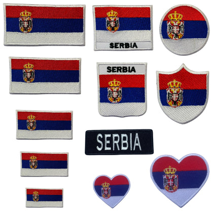 Serbia Flag Embroidered Patch Set, Iron-On or Sew-On Applique Badges, Rectangle Shield Round Heart Shapes, for Jackets, Backpacks, Hats, Uniforms and Various Sizes