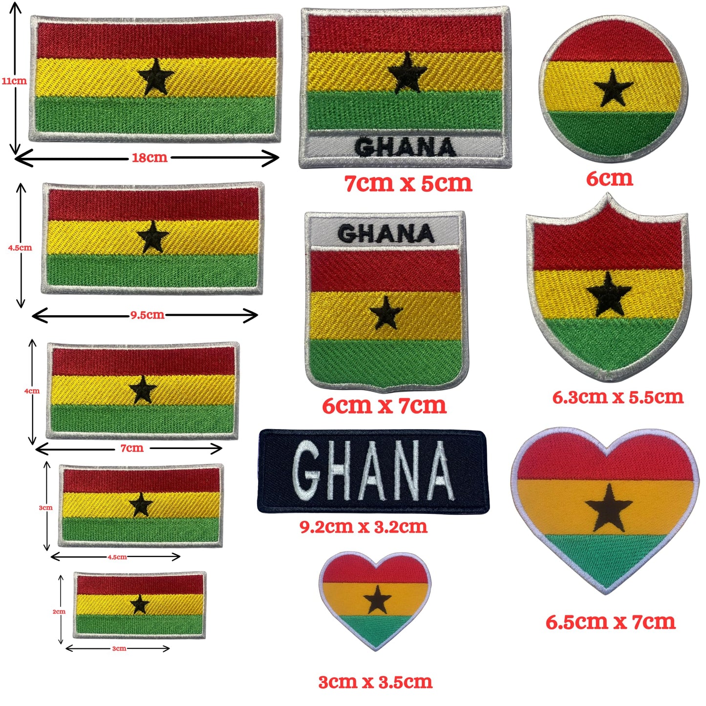 Ghana Flag Embroidered Patches, Iron-On/Sew-On Applique, Shield, Round, Heart and Rectangle Flag Badges for Jackets, Bags, Uniforms, Various Sizes