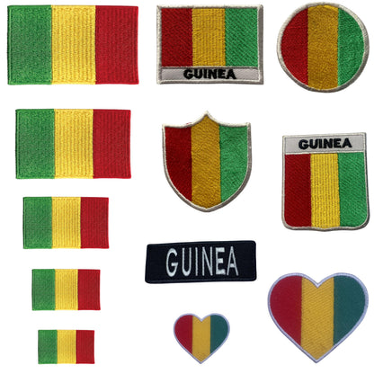Guinea Flag Embroidered Patch Set, Iron-On or Sew-On Applique Badges, Rectangle Shield Round Heart Shapes, for Jackets, Backpacks, Hats, Uniforms and Various Sizes