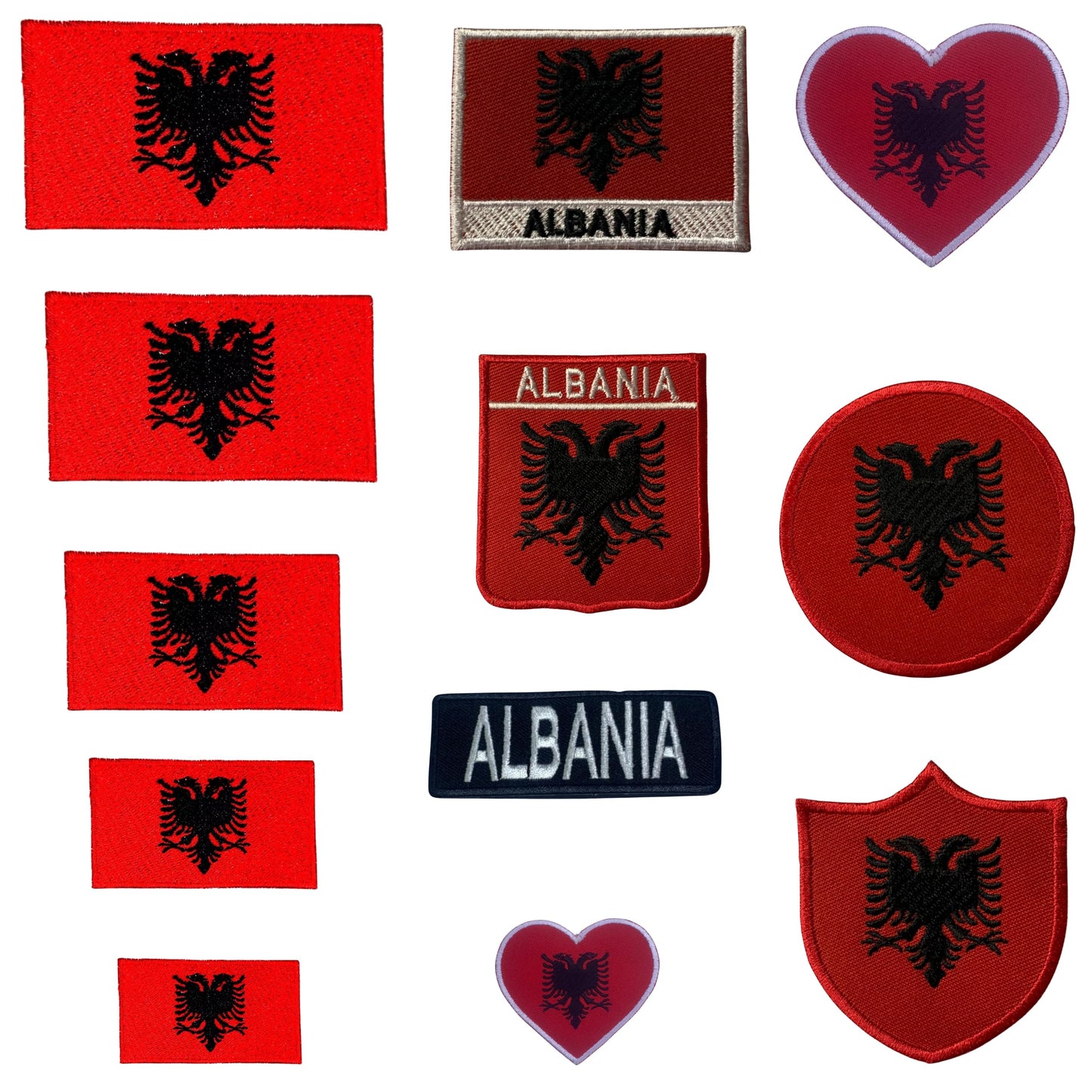 Albania Flag Embroidered Patch Set, Iron-On or Sew-On Applique Badges, Rectangle Shield Round Heart Shapes, for Jackets, Backpacks, Hats, Uniforms and Various Sizes