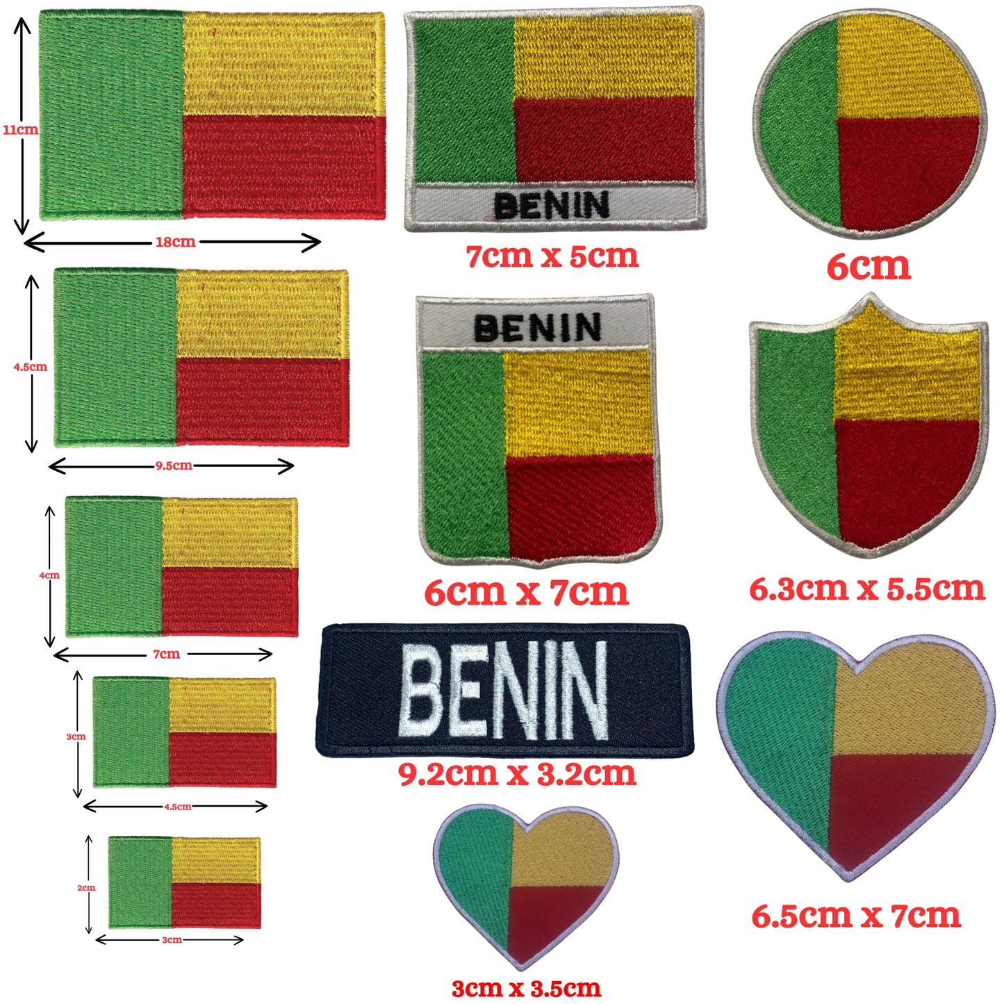 BeBuz Benin Flag Embroidered Patches, Iron-On/Sew-On Applique, Shield, Round, Heart and Rectangle Flag Badges for Jackets, Bags, Uniforms, Various Sizes