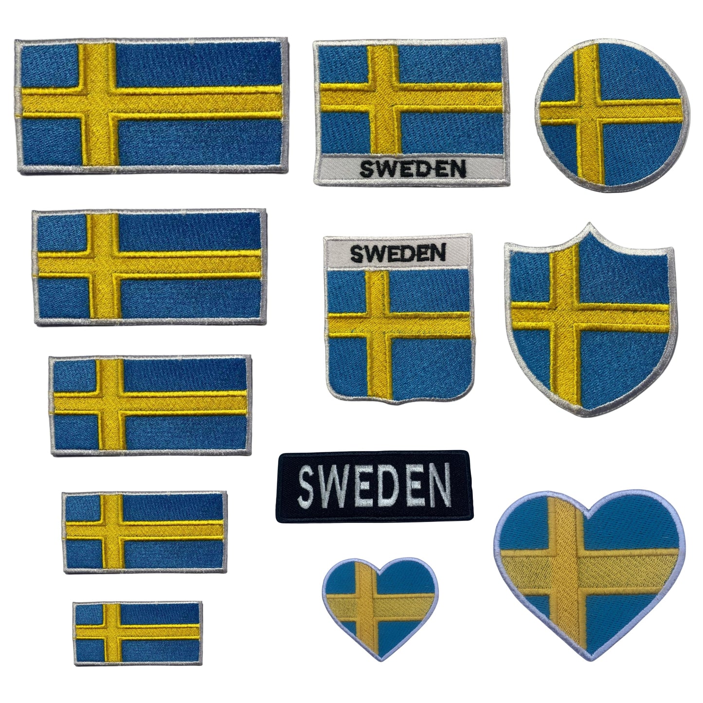 BeBuz Sweden Flag Embroidered Patches, Iron-On/Sew-On Applique, Shield, Round, Heart and Rectangle Flag Badges for Jackets, Bags, Uniforms, Various Sizes