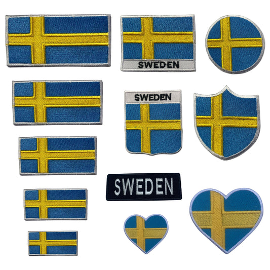 BeBuz Sweden Flag Embroidered Patches, Iron-On/Sew-On Applique, Shield, Round, Heart and Rectangle Flag Badges for Jackets, Bags, Uniforms, Various Sizes