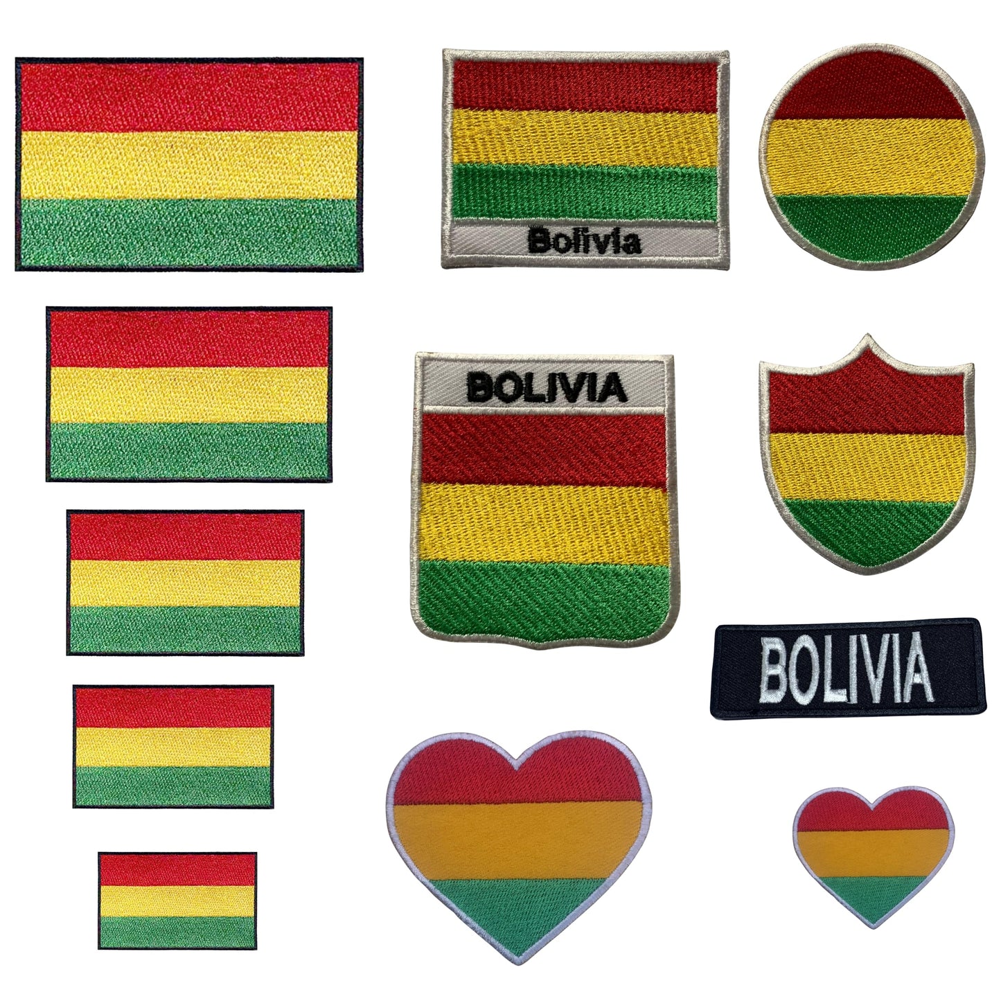 Bolivia Flag Embroidered Patch Set, Iron-On or Sew-On Applique Badges, Rectangle Shield Round Heart Shapes, National Flag Emblem for Jackets, Backpacks, Hats, Uniforms and Various Sizes
