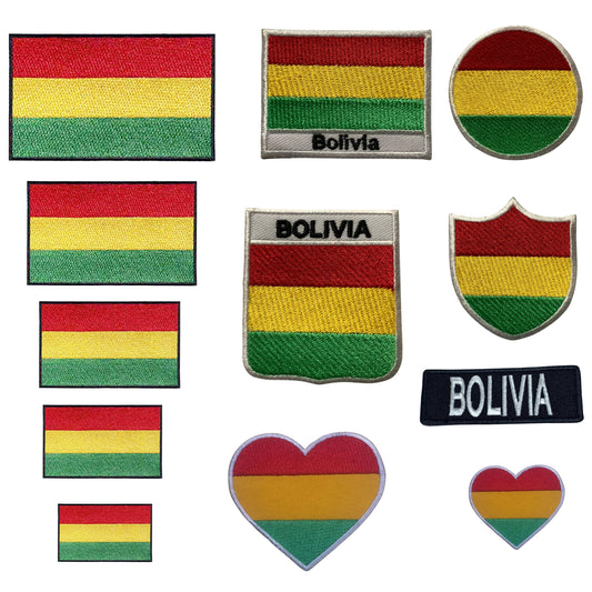 Bolivia Flag Embroidered Patch Set, Iron-On or Sew-On Applique Badges, Rectangle Shield Round Heart Shapes, National Flag Emblem for Jackets, Backpacks, Hats, Uniforms and Various Sizes