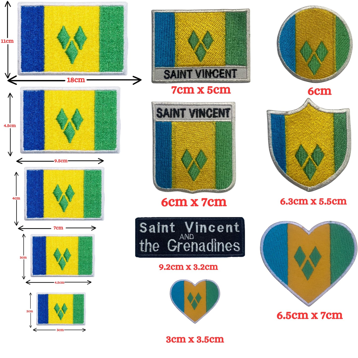 Saint Vincent Flag Embroidered Patch Set, Iron-On or Sew-On Applique Badges, Rectangle Shield Round Heart Shapes, for Jackets, Backpacks, Hats, Uniforms and Various Sizes