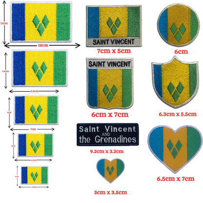 Saint Vincent Flag Embroidered Patch Set, Iron-On or Sew-On Applique Badges, Rectangle Shield Round Heart Shapes, for Jackets, Backpacks, Hats, Uniforms and Various Sizes