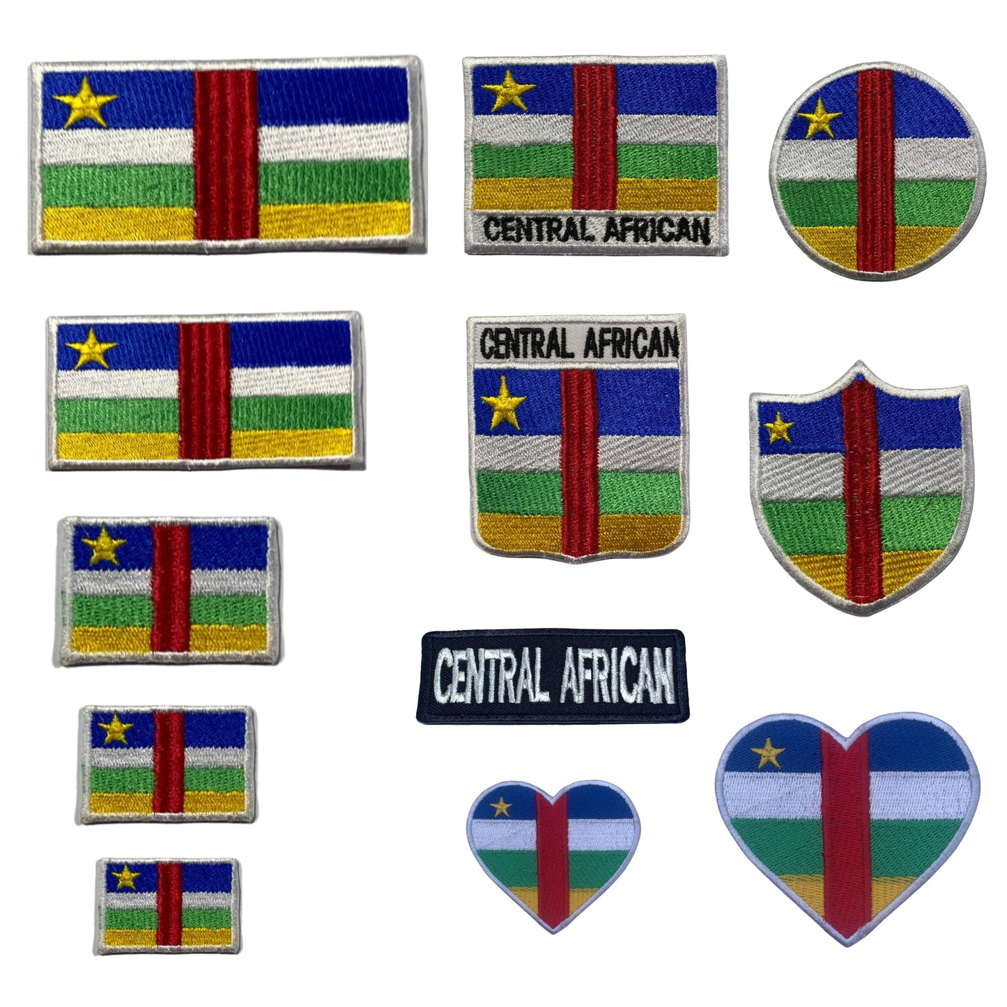 Central African Flag Embroidered Patch Set, Iron-On or Sew-On Applique Badges, Rectangle Shield Round Heart Shapes, for Jackets, Backpacks, Hats, Uniforms and Various Sizes