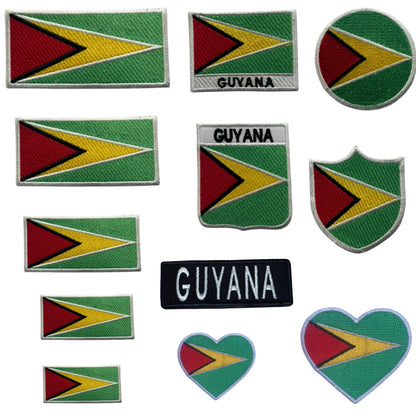 Guyana Flag Embroidered Patch Set, Iron-On or Sew-On Applique Badges, Rectangle Shield Round Heart Shapes, for Jackets, Backpacks, Hats, Uniforms and Various Sizes