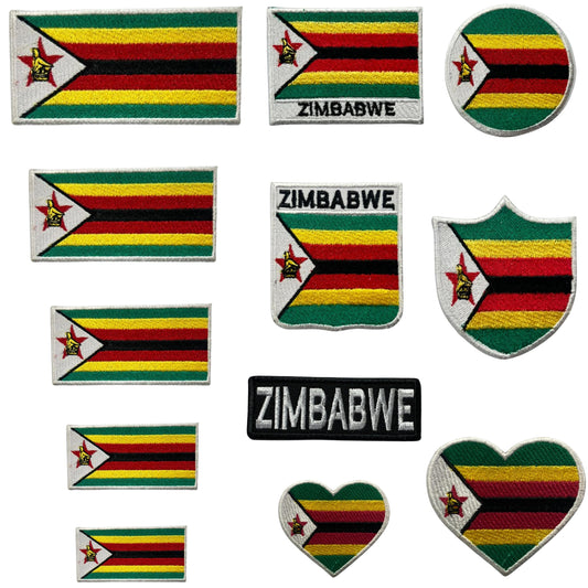 Zimbabwe Flag Embroidered Patch Set, Iron-On or Sew-On Applique Badges, Rectangle Shield Round Heart Shapes, for Jackets, Backpacks, Hats, Uniforms and Various Sizes