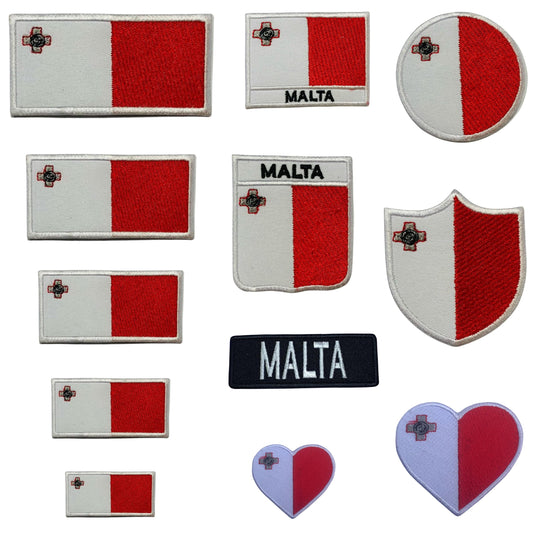 Malta Flag Embroidered Patch Set, Iron-On or Sew-On Applique Badges, Rectangle Shield Round Heart Shapes, for Jackets, Backpacks, Hats, Uniforms and Various Sizes