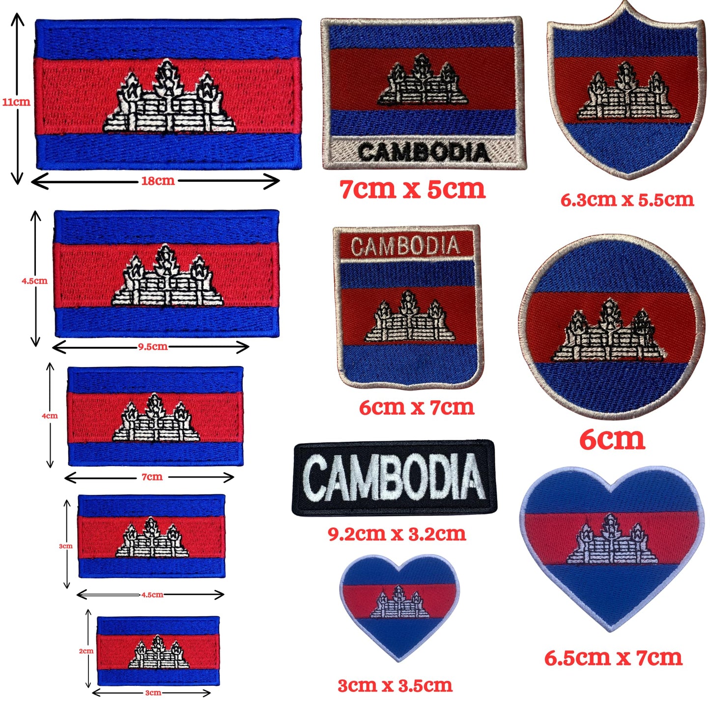 Cambodia Flag Embroidered Patch Set, Iron-On or Sew-On Applique Badges, Rectangle Shield Round Heart Shapes, for Jackets, Backpacks, Hats, Uniforms and Various Sizes