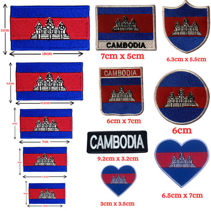 Cambodia Flag Embroidered Patch Set, Iron-On or Sew-On Applique Badges, Rectangle Shield Round Heart Shapes, for Jackets, Backpacks, Hats, Uniforms and Various Sizes