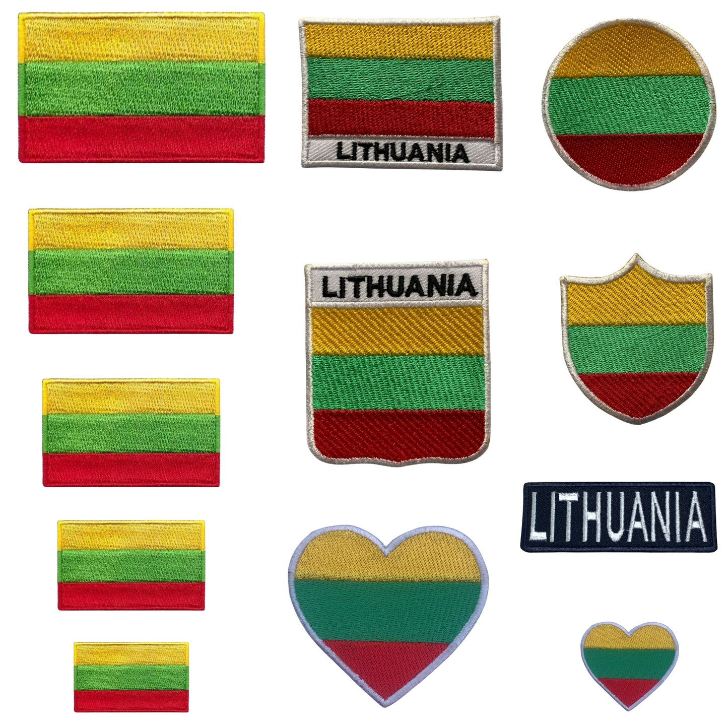 Lithuania Flag Embroidered Patch Set, Iron-On or Sew-On Applique Badges, Rectangle Shield Round Heart Shapes, for Jackets, Backpacks, Hats, Uniforms and Various Sizes