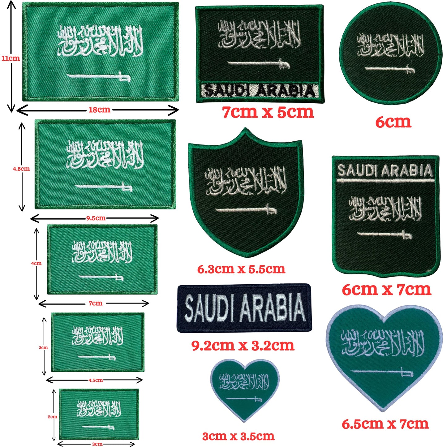Saudi Arabia Flag Embroidered Patches, Iron-On/Sew-On Applique, Shield, Round, Heart and Rectangle Flag Badges for Jackets, Bags, Uniforms, Various Sizes