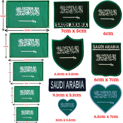 Saudi Arabia Flag Embroidered Patches, Iron-On/Sew-On Applique, Shield, Round, Heart and Rectangle Flag Badges for Jackets, Bags, Uniforms, Various Sizes