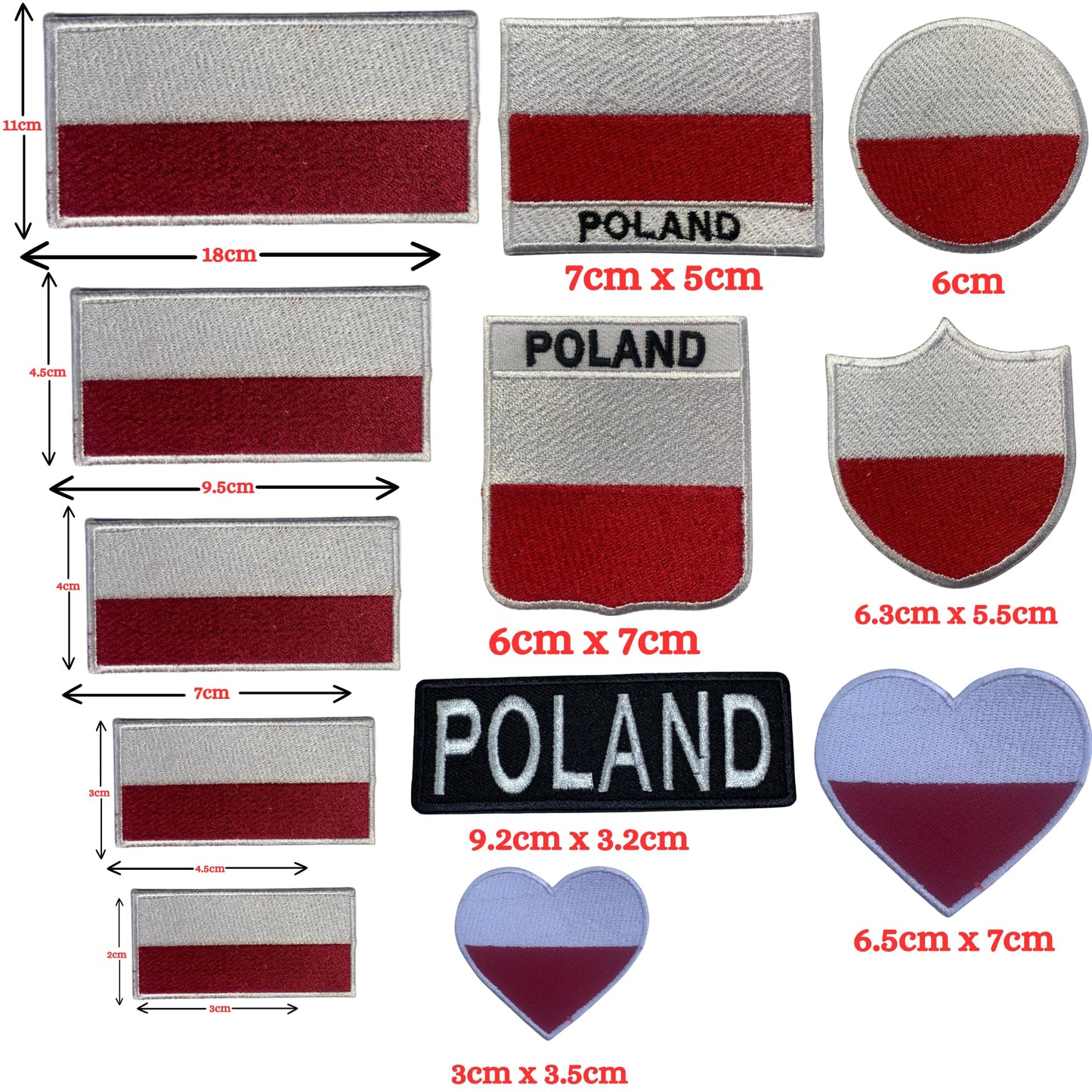 BeBuz Poland Flag Embroidered Patches, Iron-On/Sew-On Applique, Shield, Round, Heart and Rectangle Flag Badges for Jackets, Bags, Uniforms, Various Sizes