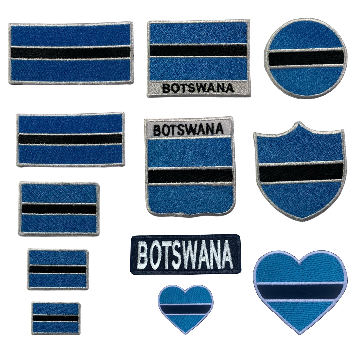 Botswana Flag Embroidered Patch Set, Iron-On or Sew-On Applique Badges, Rectangle Shield Round Heart Shapes, National Flag Emblem for Jackets, Backpacks, Hats, Uniforms and Various Sizes