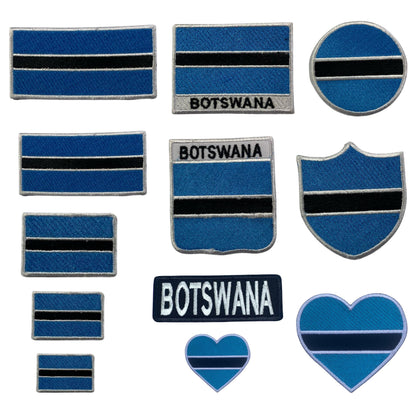 Botswana Flag Embroidered Patch Set, Iron-On or Sew-On Applique Badges, Rectangle Shield Round Heart Shapes, National Flag Emblem for Jackets, Backpacks, Hats, Uniforms and Various Sizes