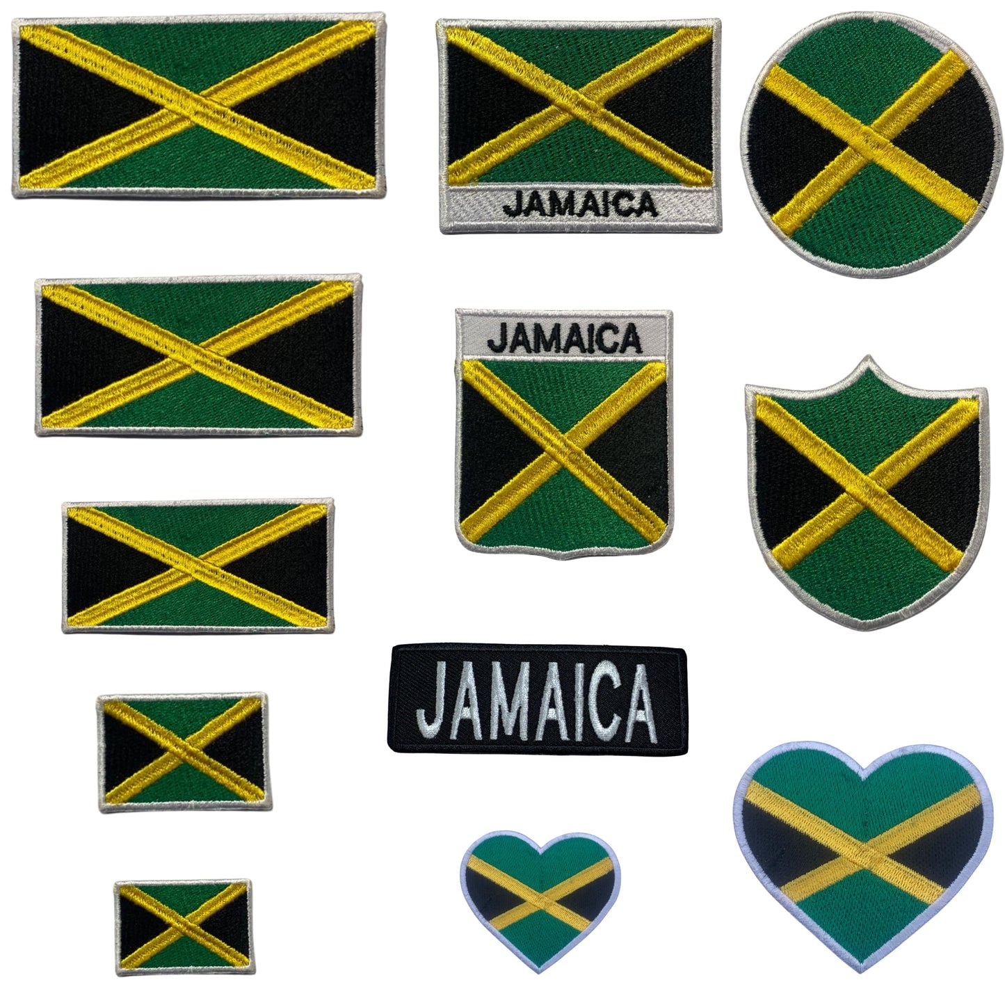 Jamaica Flag Embroidered Patch Set, Iron-On or Sew-On Applique Badges, Rectangle Shield Round Heart Shapes, for Jackets, Backpacks, Hats, Uniforms and Various Sizes