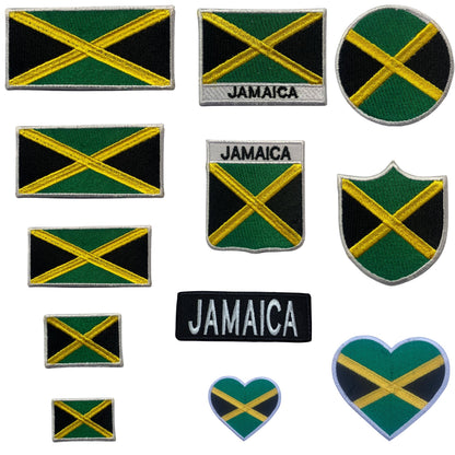 Jamaica Flag Embroidered Patch Set, Iron-On or Sew-On Applique Badges, Rectangle Shield Round Heart Shapes, for Jackets, Backpacks, Hats, Uniforms and Various Sizes