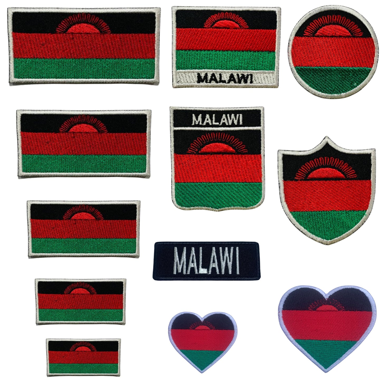 Malawi Flag Embroidered Patch Set, Iron-On or Sew-On Applique Badges, Rectangle Shield Round Heart Shapes, for Jackets, Backpacks, Hats, Uniforms and Various Sizes