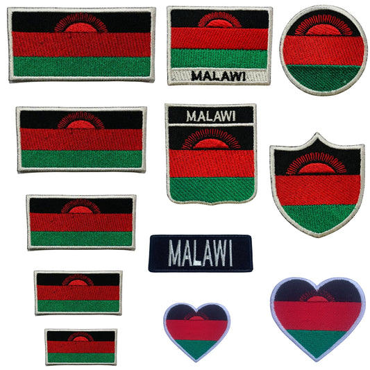 Malawi Flag Embroidered Patch Set, Iron-On or Sew-On Applique Badges, Rectangle Shield Round Heart Shapes, for Jackets, Backpacks, Hats, Uniforms and Various Sizes