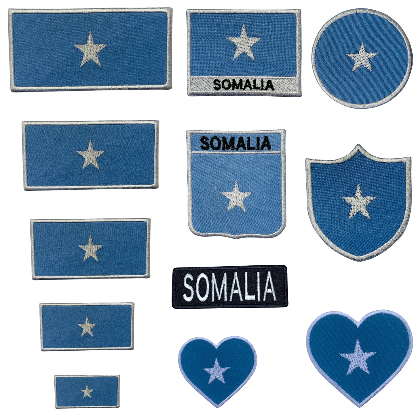 Somalia Flag Embroidered Patch Set, Iron-On or Sew-On Applique Badges, Rectangle Shield Round Heart Shapes, for Jackets, Backpacks, Hats, Uniforms and Various Sizes