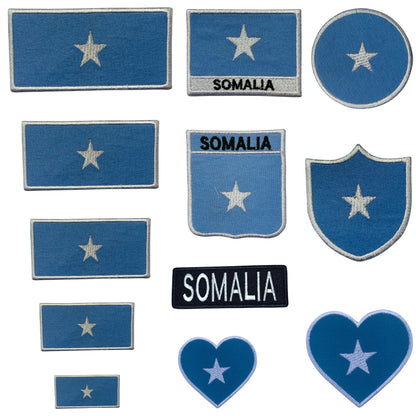 Somalia Flag Embroidered Patch Set, Iron-On or Sew-On Applique Badges, Rectangle Shield Round Heart Shapes, for Jackets, Backpacks, Hats, Uniforms and Various Sizes