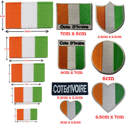 Cote D'Ivoire Flag Embroidered Patches, Iron-On/Sew-On Applique, Shield, Round, Heart and Rectangle Flag Badges for Jackets, Bags, Uniforms, Various Sizes