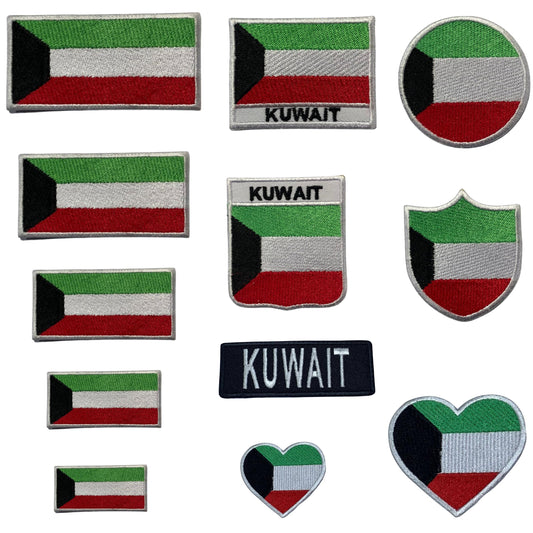 Kuwait Flag Embroidered Patch Set, Iron-On or Sew-On Applique Badges, Rectangle Shield Round Heart Shapes, for Jackets, Backpacks, Hats, Uniforms and Various Sizes