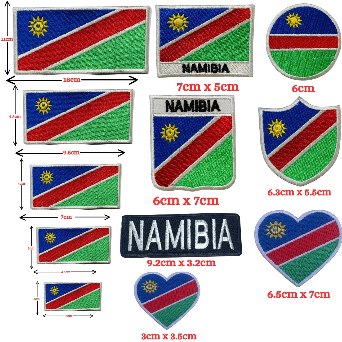 Namibia Flag Embroidered Patch Set, Iron-On or Sew-On Applique Badges, Rectangle Shield Round Heart Shapes, for Jackets, Backpacks, Hats, Uniforms and Various Sizes